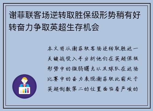 谢菲联客场逆转取胜保级形势稍有好转奋力争取英超生存机会