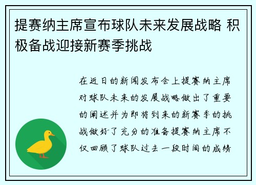 提赛纳主席宣布球队未来发展战略 积极备战迎接新赛季挑战