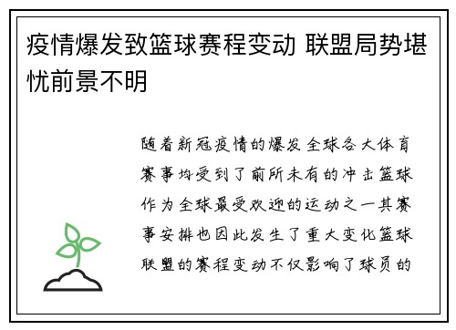 疫情爆发致篮球赛程变动 联盟局势堪忧前景不明