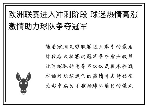 欧洲联赛进入冲刺阶段 球迷热情高涨激情助力球队争夺冠军