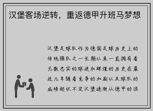 汉堡客场逆转，重返德甲升班马梦想