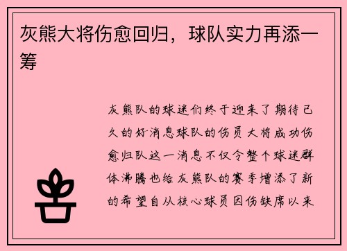 灰熊大将伤愈回归，球队实力再添一筹