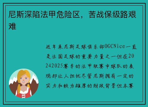 尼斯深陷法甲危险区，苦战保级路艰难