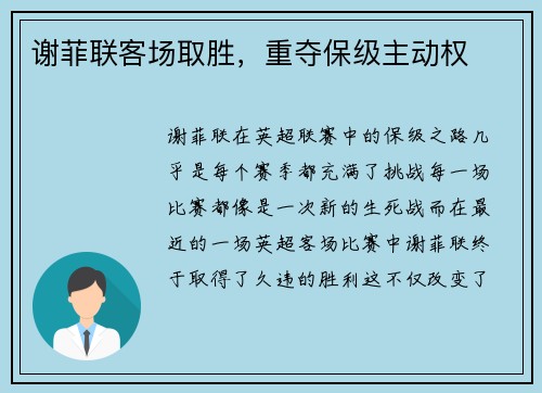 谢菲联客场取胜，重夺保级主动权
