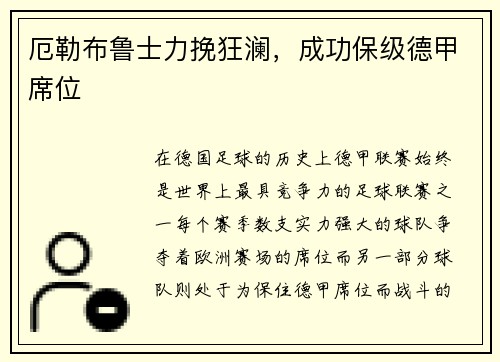 厄勒布鲁士力挽狂澜，成功保级德甲席位