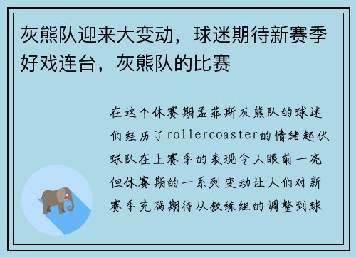 灰熊队迎来大变动，球迷期待新赛季好戏连台，灰熊队的比赛