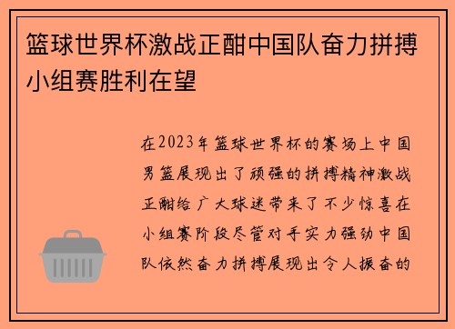 篮球世界杯激战正酣中国队奋力拼搏小组赛胜利在望