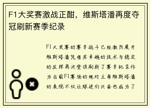F1大奖赛激战正酣，维斯塔潘再度夺冠刷新赛季纪录